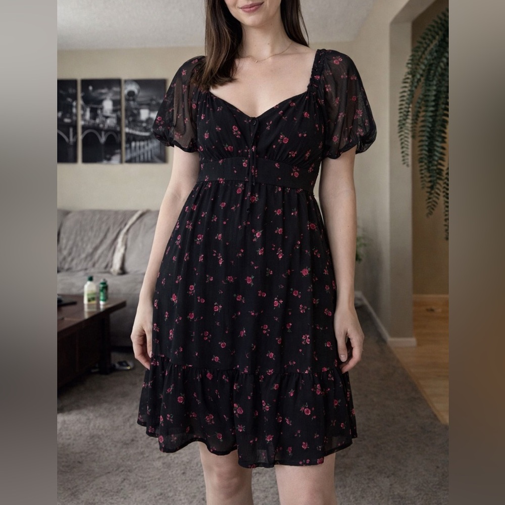 Rewind Short Black Dress with Pink Floral Accents